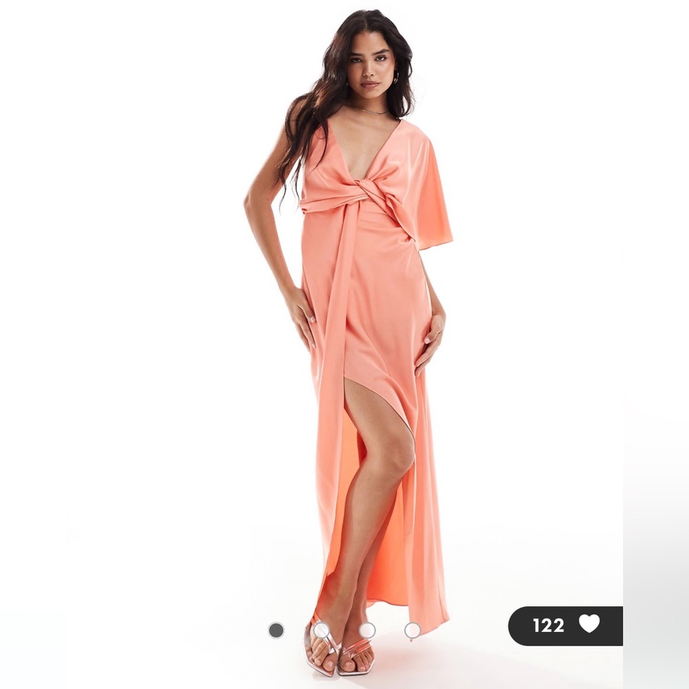 ASOS DESIGN fallen shoulder twisted satin midi dress in coral